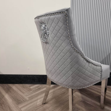 Bentley Velvet Dining Chair with Chrome Lion Knocker, Quilted Back & Studding Detail - UK Luxury Furniture